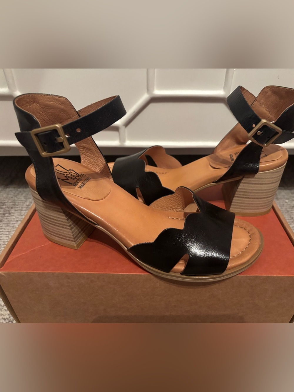 Miz Mooz Black Leather Scallop Ankle Strap Block Heels